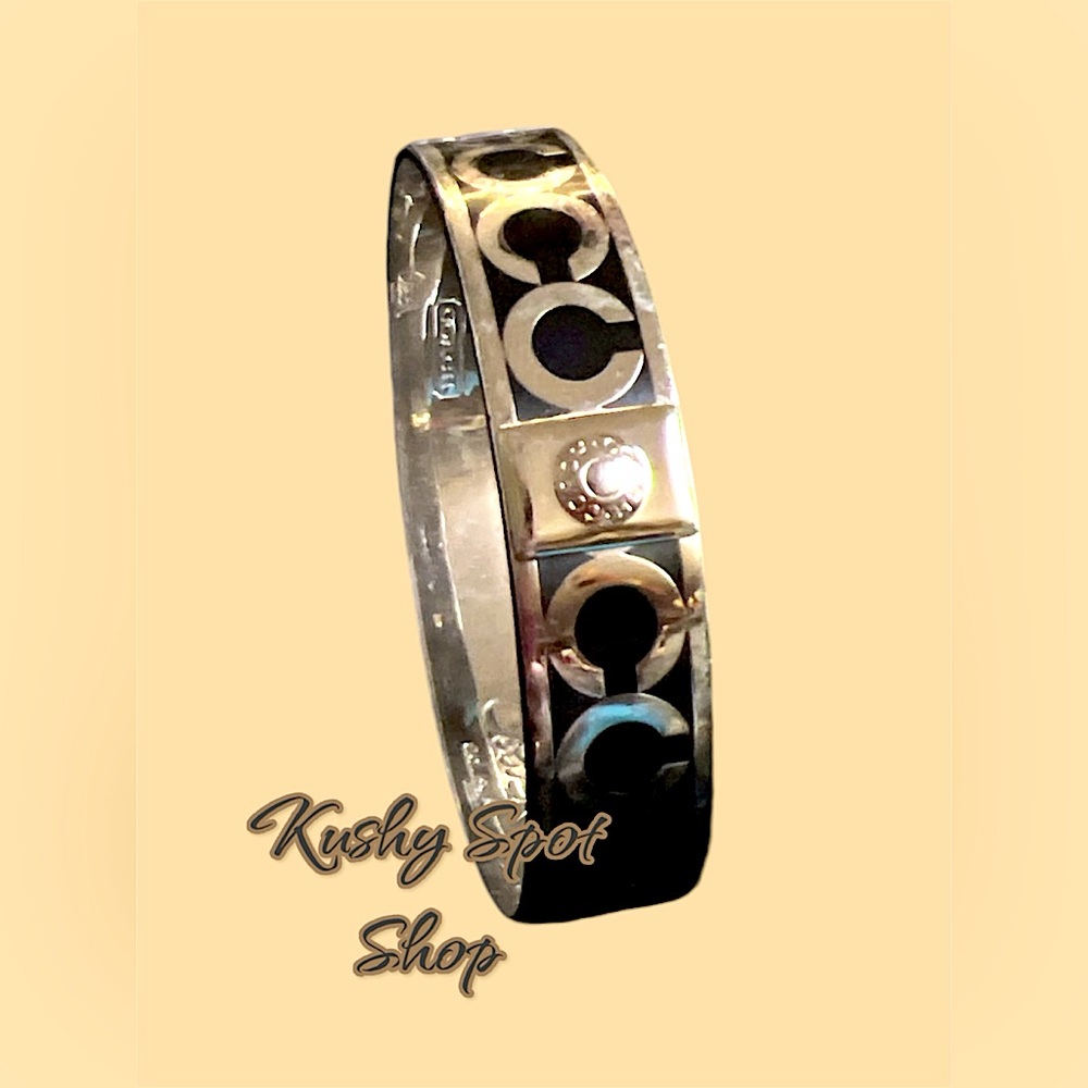 Vintage COACH “C” Signed Enamel Stainless Steel Bangle✨🖤🩶 7.5 sz. ✨🖤🩶✨